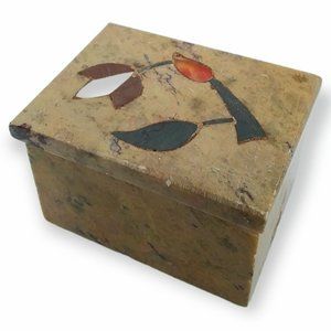 Vtg Soapstone Gemstone Inlay Trinket Box Lid Rectangle Flower Keepsake India